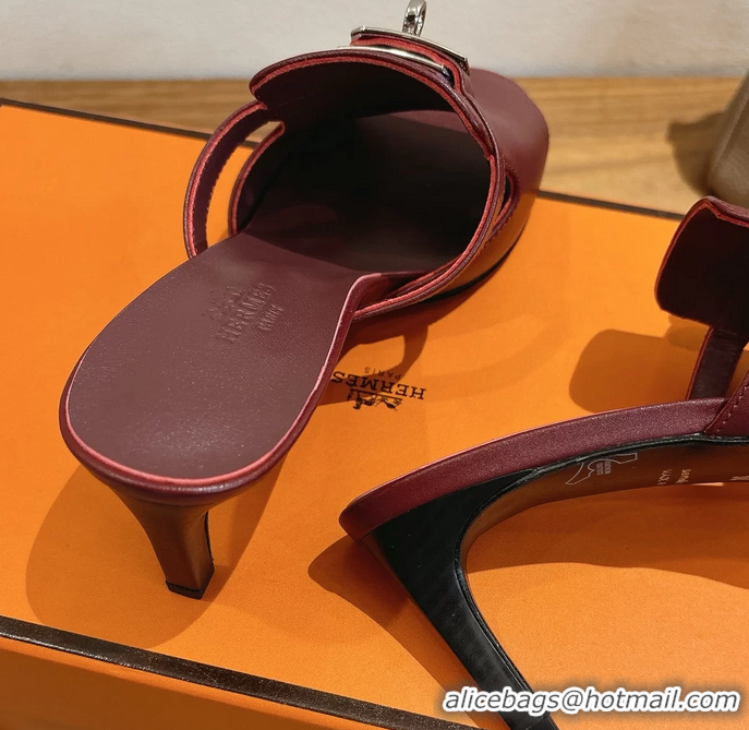 Comfortable Hermes Cute Kelly Buckle High Heeled Sandals Burgundy Calfskin Leather 6060303