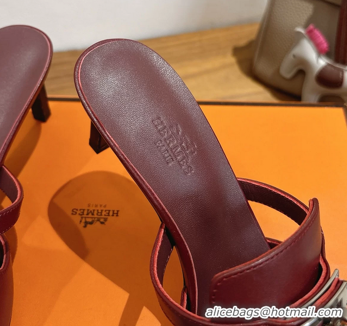 Comfortable Hermes Cute Kelly Buckle High Heeled Sandals Burgundy Calfskin Leather 6060303