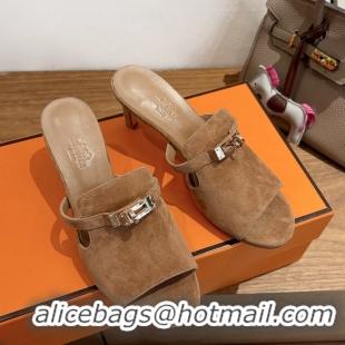 Classic Hermes Cute Kelly Buckle High Heeled Sandals Brown Suede Leather 6060303