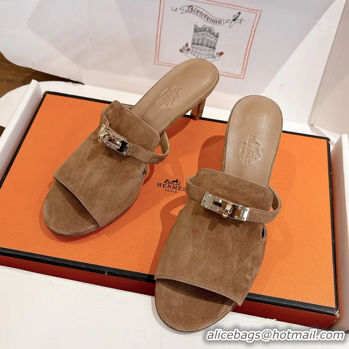Classic Hermes Cute Kelly Buckle High Heeled Sandals Brown Suede Leather 6060303