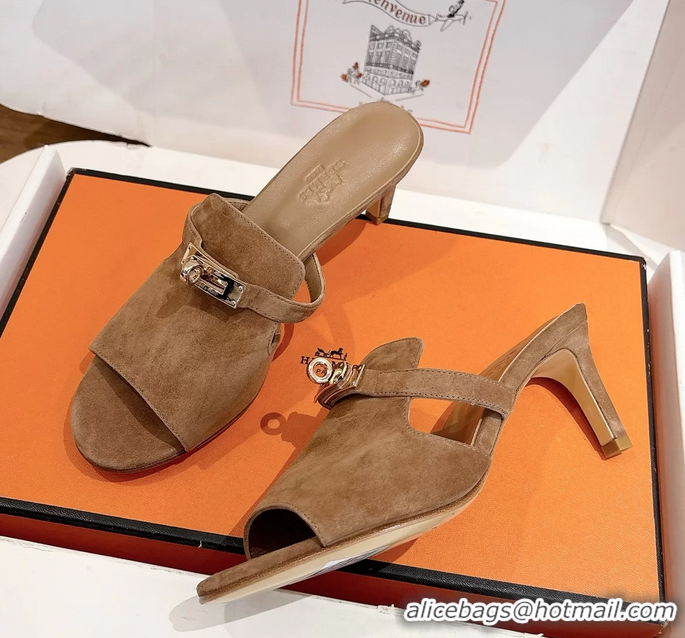 Classic Hermes Cute Kelly Buckle High Heeled Sandals Brown Suede Leather 6060303
