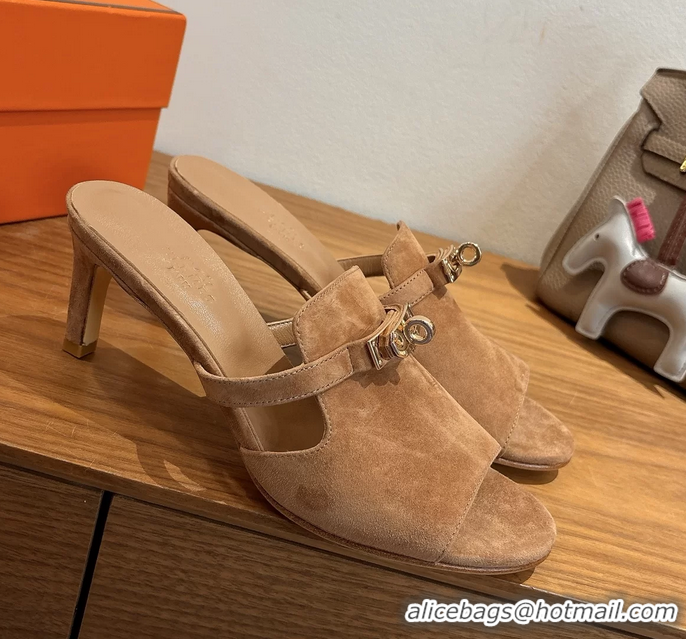 Classic Hermes Cute Kelly Buckle High Heeled Sandals Brown Suede Leather 6060303