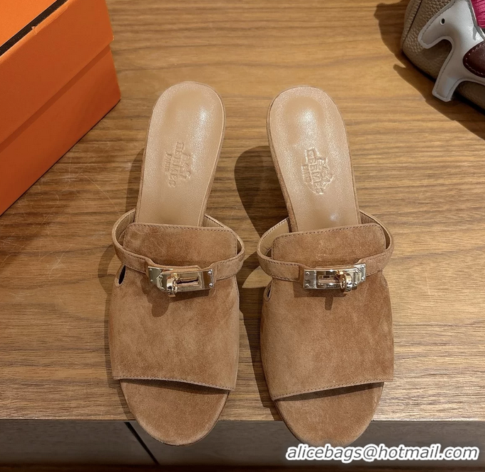 Classic Hermes Cute Kelly Buckle High Heeled Sandals Brown Suede Leather 6060303