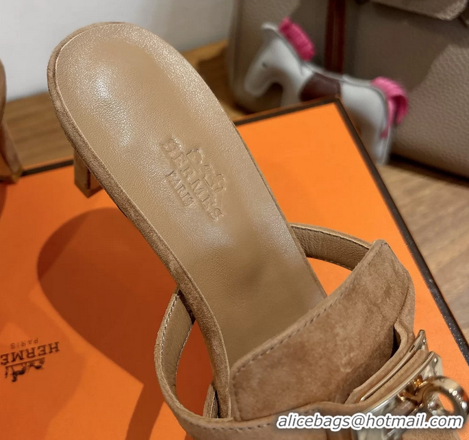 Classic Hermes Cute Kelly Buckle High Heeled Sandals Brown Suede Leather 6060303