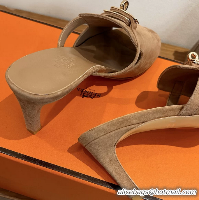 Classic Hermes Cute Kelly Buckle High Heeled Sandals Brown Suede Leather 6060303