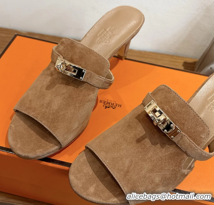 Classic Hermes Cute Kelly Buckle High Heeled Sandals Brown Suede Leather 6060303