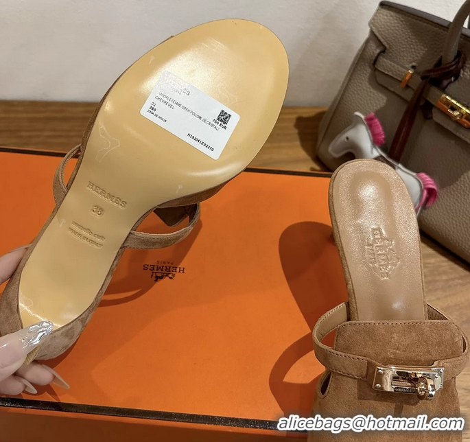 Classic Hermes Cute Kelly Buckle High Heeled Sandals Brown Suede Leather 6060303
