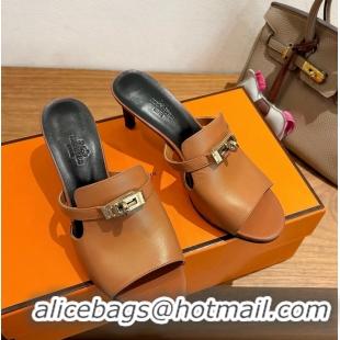 Shoulder Carry Hermes Cute Kelly Buckle High Heeled Sandals Brown Calfskin Leather 6060303