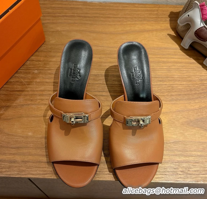 Shoulder Carry Hermes Cute Kelly Buckle High Heeled Sandals Brown Calfskin Leather 6060303