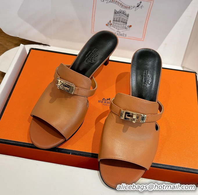 Shoulder Carry Hermes Cute Kelly Buckle High Heeled Sandals Brown Calfskin Leather 6060303