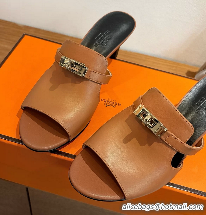 Shoulder Carry Hermes Cute Kelly Buckle High Heeled Sandals Brown Calfskin Leather 6060303