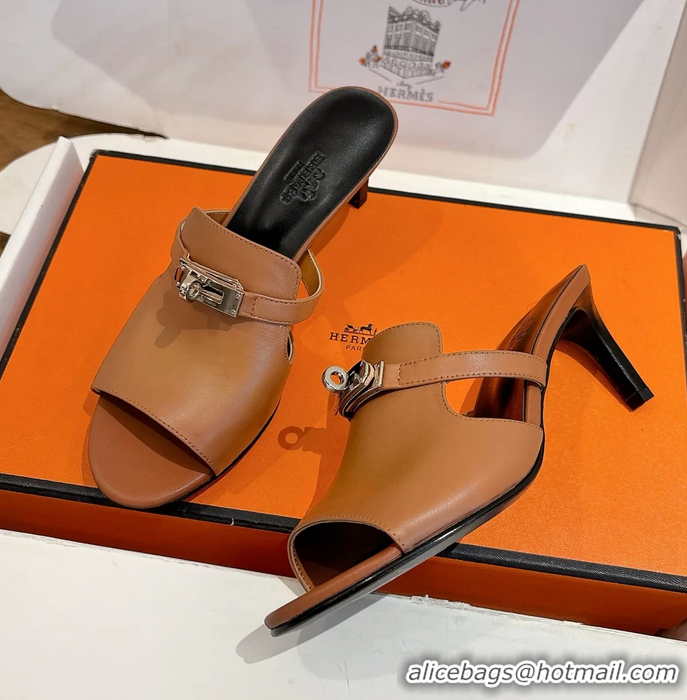 Shoulder Carry Hermes Cute Kelly Buckle High Heeled Sandals Brown Calfskin Leather 6060303