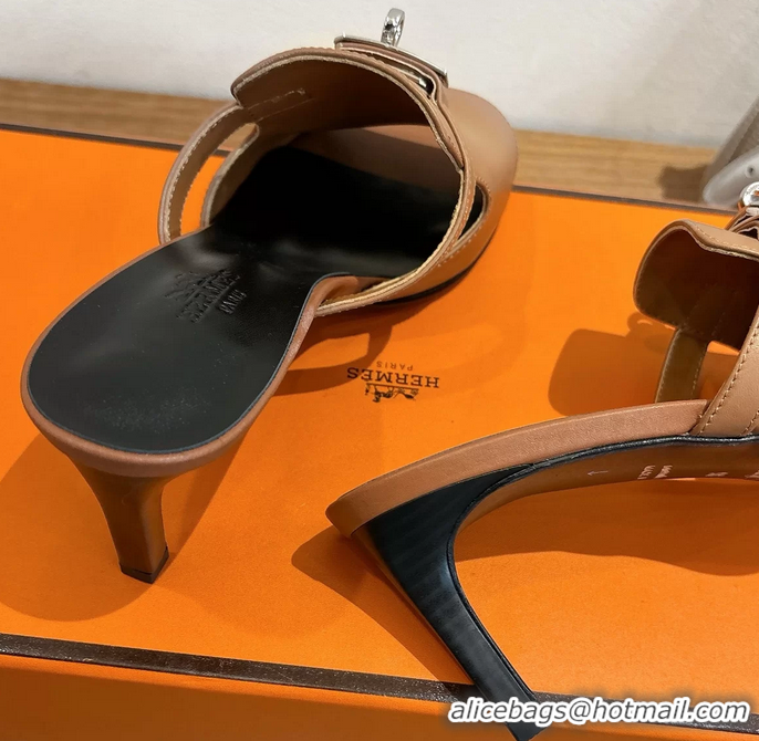 Shoulder Carry Hermes Cute Kelly Buckle High Heeled Sandals Brown Calfskin Leather 6060303