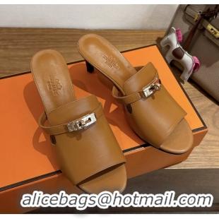Shoulder Carry Hermes Cute Kelly Buckle High Heeled Sandals Brown Calfskin Leather 6060303