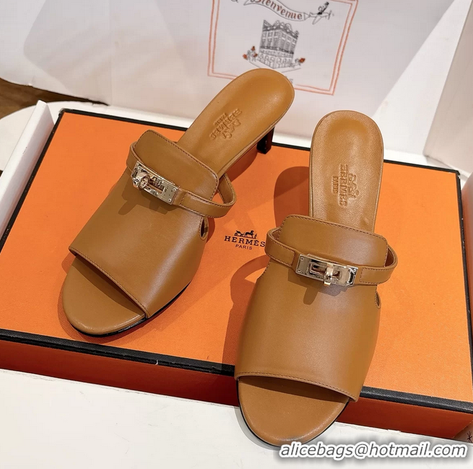 Shoulder Carry Hermes Cute Kelly Buckle High Heeled Sandals Brown Calfskin Leather 6060303