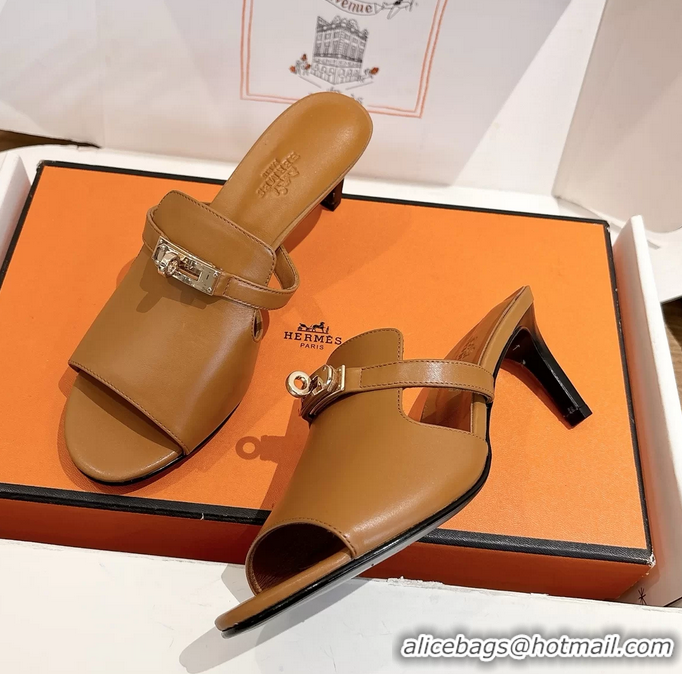 Shoulder Carry Hermes Cute Kelly Buckle High Heeled Sandals Brown Calfskin Leather 6060303