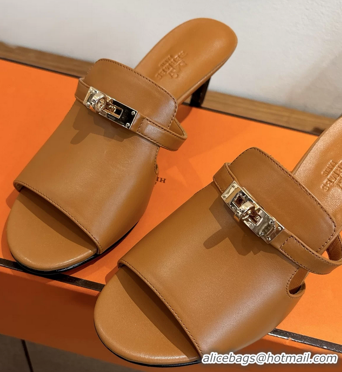 Shoulder Carry Hermes Cute Kelly Buckle High Heeled Sandals Brown Calfskin Leather 6060303