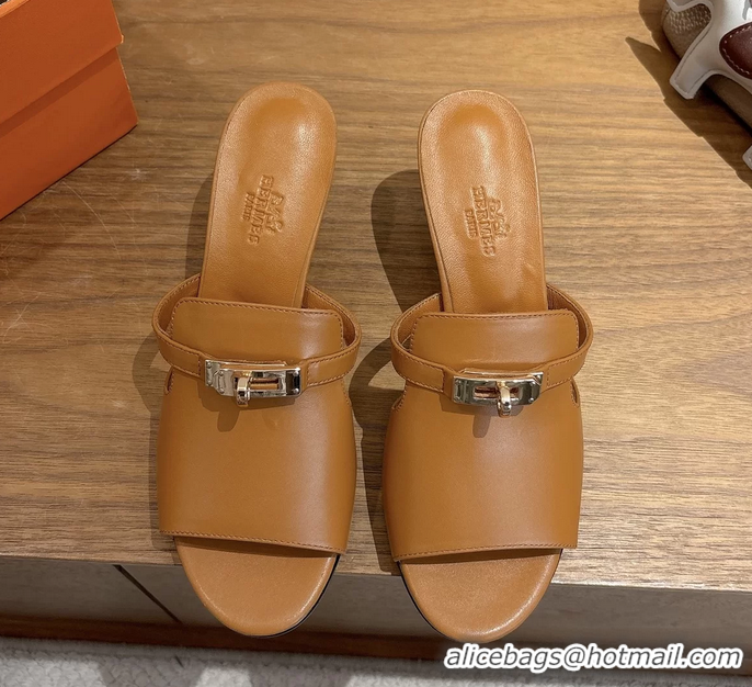 Shoulder Carry Hermes Cute Kelly Buckle High Heeled Sandals Brown Calfskin Leather 6060303