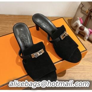 Buy Discount Hermes Cute Kelly Buckle High Heeled Sandals Black Suede Leather 6060303