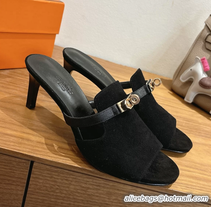 Buy Discount Hermes Cute Kelly Buckle High Heeled Sandals Black Suede Leather 6060303