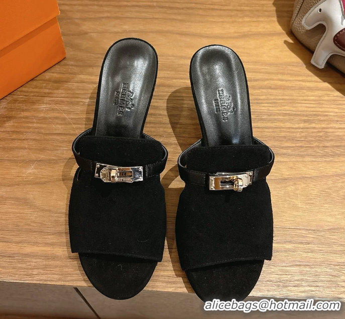 Buy Discount Hermes Cute Kelly Buckle High Heeled Sandals Black Suede Leather 6060303