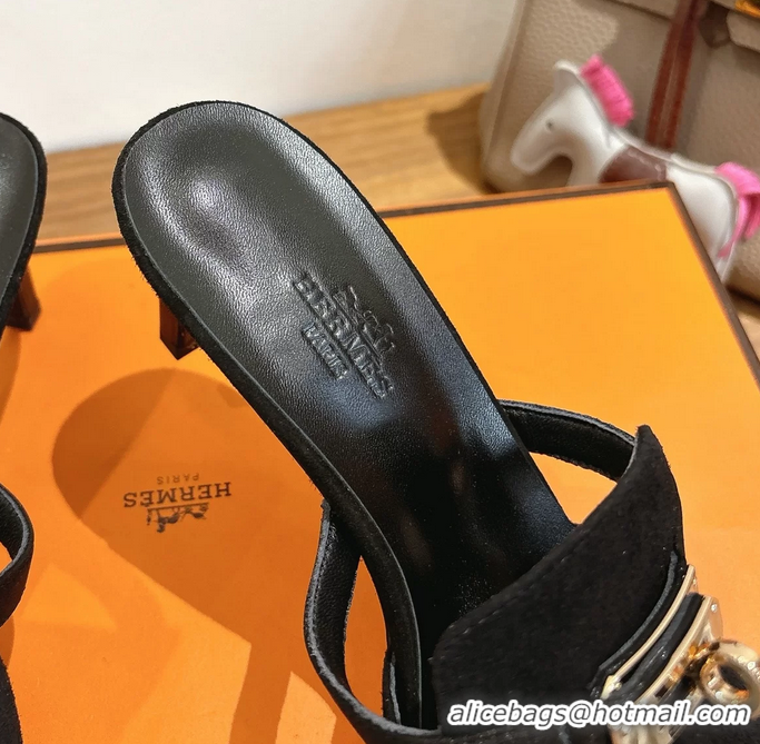 Buy Discount Hermes Cute Kelly Buckle High Heeled Sandals Black Suede Leather 6060303