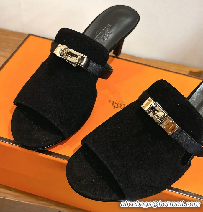 Buy Discount Hermes Cute Kelly Buckle High Heeled Sandals Black Suede Leather 6060303