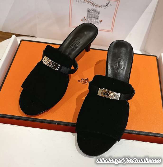 Buy Discount Hermes Cute Kelly Buckle High Heeled Sandals Black Suede Leather 6060303