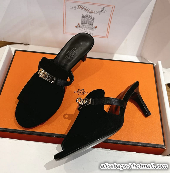 Buy Discount Hermes Cute Kelly Buckle High Heeled Sandals Black Suede Leather 6060303