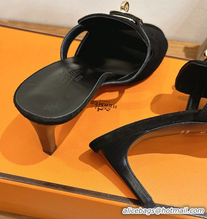 Buy Discount Hermes Cute Kelly Buckle High Heeled Sandals Black Suede Leather 6060303