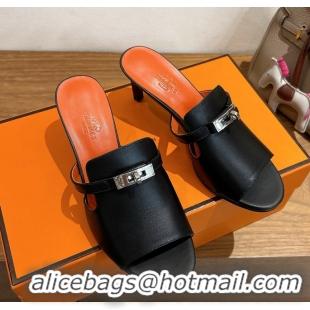 Lower Price Hermes Cute Kelly Buckle High Heeled Sandals Black Calfskin Leather 6060303