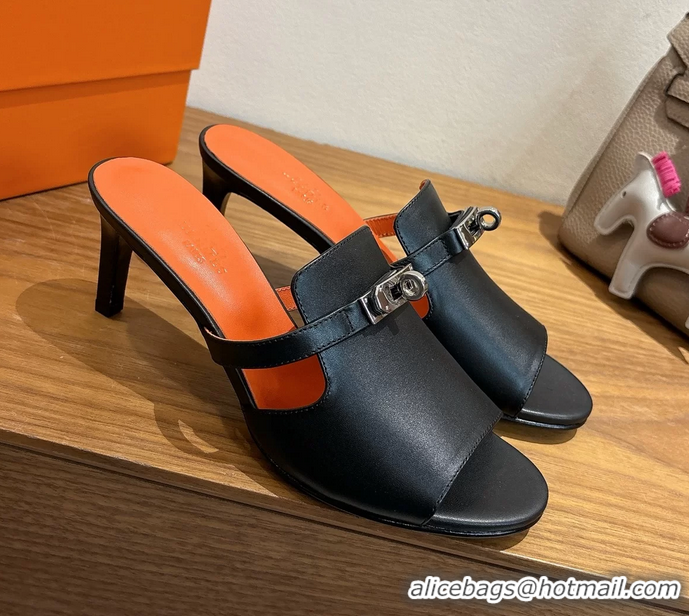 Lower Price Hermes Cute Kelly Buckle High Heeled Sandals Black Calfskin Leather 6060303