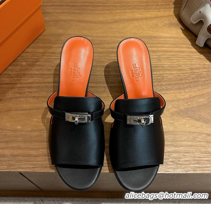 Lower Price Hermes Cute Kelly Buckle High Heeled Sandals Black Calfskin Leather 6060303