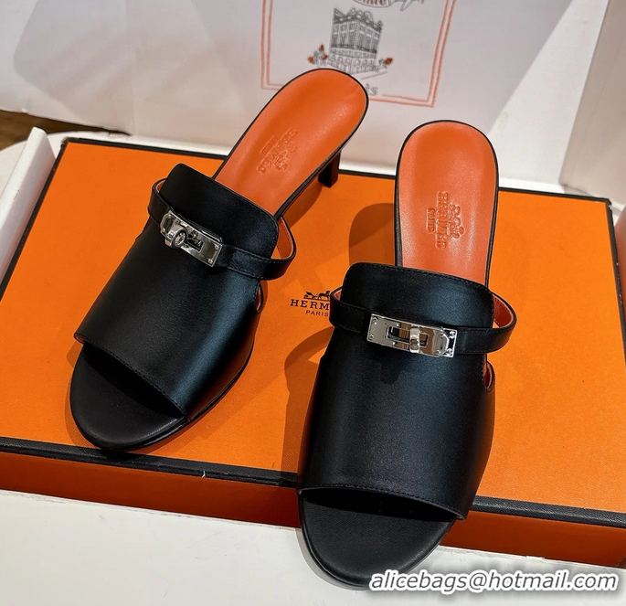 Lower Price Hermes Cute Kelly Buckle High Heeled Sandals Black Calfskin Leather 6060303