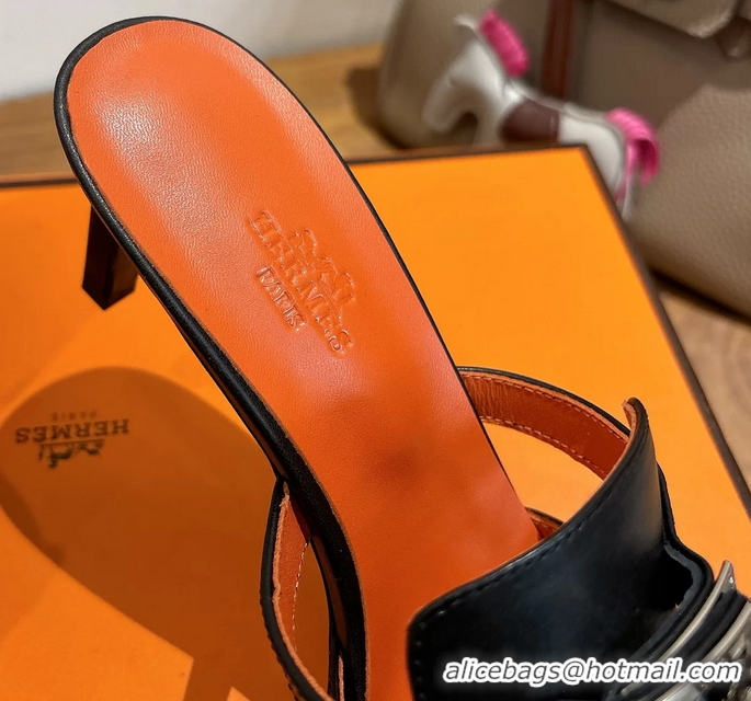 Lower Price Hermes Cute Kelly Buckle High Heeled Sandals Black Calfskin Leather 6060303