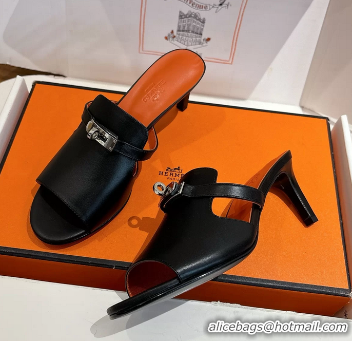 Lower Price Hermes Cute Kelly Buckle High Heeled Sandals Black Calfskin Leather 6060303