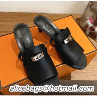 Lowest Price Hermes Cute Kelly Buckle High Heeled Sandals Black Calfskin Leather 6060303