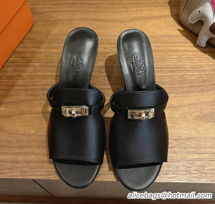 Lowest Price Hermes Cute Kelly Buckle High Heeled Sandals Black Calfskin Leather 6060303