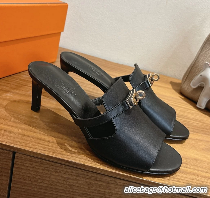 Lowest Price Hermes Cute Kelly Buckle High Heeled Sandals Black Calfskin Leather 6060303