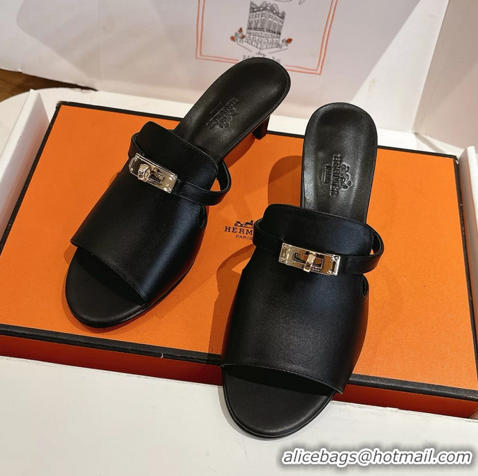 Lowest Price Hermes Cute Kelly Buckle High Heeled Sandals Black Calfskin Leather 6060303