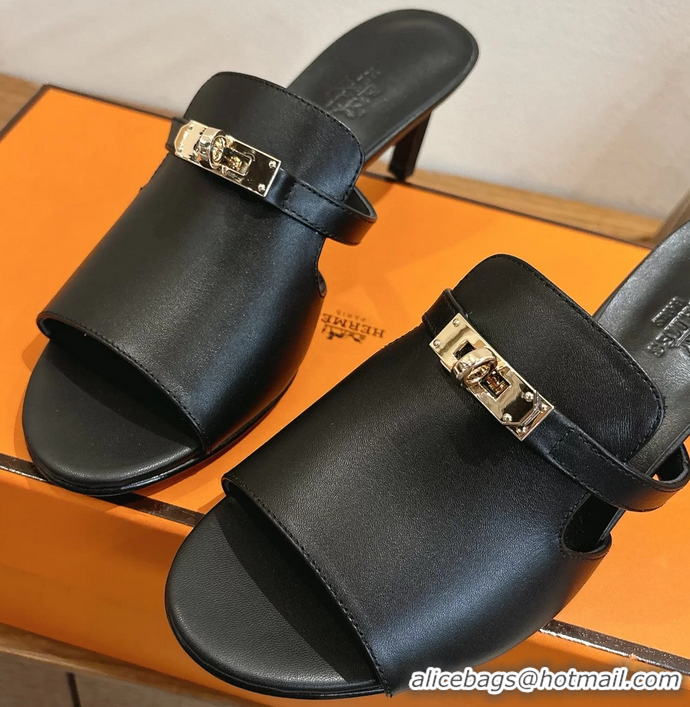 Lowest Price Hermes Cute Kelly Buckle High Heeled Sandals Black Calfskin Leather 6060303