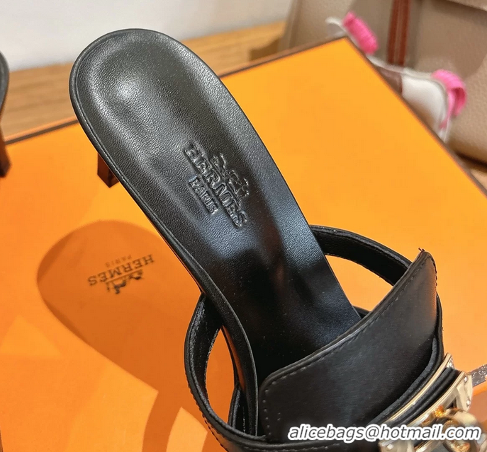 Lowest Price Hermes Cute Kelly Buckle High Heeled Sandals Black Calfskin Leather 6060303