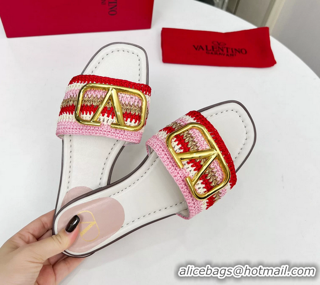 Classic Valentino Vlogo Signature Flat Slip On Slides Sandals with Crochet Embroidery Pink 6060501