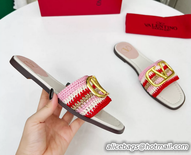 Classic Valentino Vlogo Signature Flat Slip On Slides Sandals with Crochet Embroidery Pink 6060501