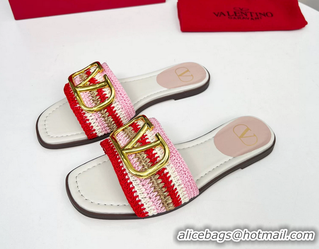 Classic Valentino Vlogo Signature Flat Slip On Slides Sandals with Crochet Embroidery Pink 6060501