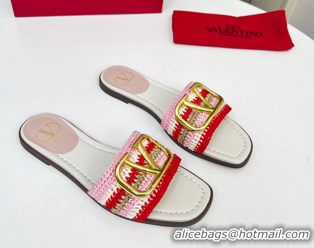 Classic Valentino Vlogo Signature Flat Slip On Slides Sandals with Crochet Embroidery Pink 6060501
