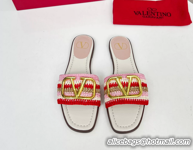 Classic Valentino Vlogo Signature Flat Slip On Slides Sandals with Crochet Embroidery Pink 6060501