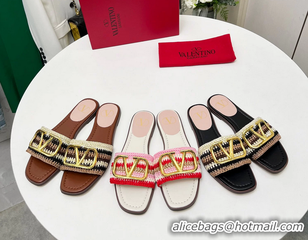 Classic Valentino Vlogo Signature Flat Slip On Slides Sandals with Crochet Embroidery Pink 6060501