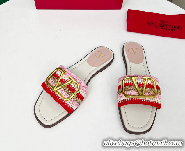 Classic Valentino Vlogo Signature Flat Slip On Slides Sandals with Crochet Embroidery Pink 6060501