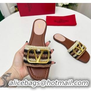 Original Cheap Valentino Vlogo Signature Flat Slip On Slides Sandals with Crochet Embroidery Brown 6060501
